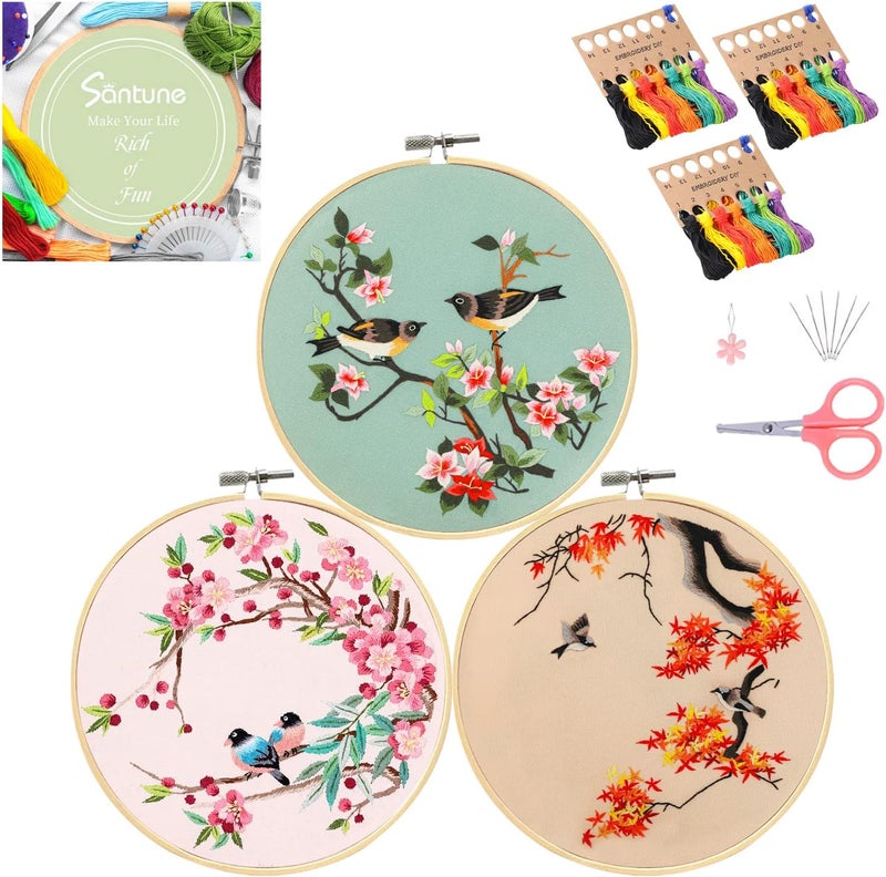 Santune 3 Pack Embroidery Kit for Adults Cross Stitch Kits for Beginners with Bird Patterns,3 Instructions,1 Hoop,Threads and 6 Needles,Hand Needlepoint Sets for Women - Image 1